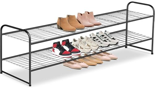 MISSLO Lange Metall Schuhregal mit 2 Ebenen für Schrank Breit stapelbare Schuhständer für Eingang, Schlafzimmer, Boden, 18-Paar Schuhablage, schwarz