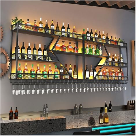 Portabottiglie Da Parete Con Porta Calici,Portabottiglie Vino Industriale Con Portabicchieri Da Vino,Porta Bottiglie Di Vino Con Luce LED,Per Cucina,Cantina Di Vino,Sala Da Pranzo,Nero/Oro(Black,280*2