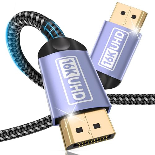 Zestiq 16K Cable Displayport 2.1 3M, 16K@60Hz,10K@60Hz,8K@120Hz, 4K@240Hz/165Hz/144Hz, 2K@360Hz/240Hz, DP cable soporta 80Gbps, HDR, DSC1.2a, FreeSync & G-Sync para Monitor, Gráfica, PC
