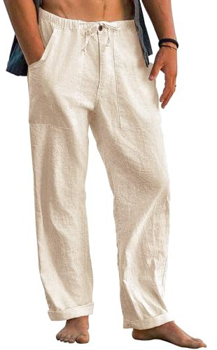 Cegerne Pantalon Coton Lin Homme Décontractés de Plage Léger Été Casual Yoga Pants avec Cordon Elastique Poches Grande Taille, Z-Beige, M