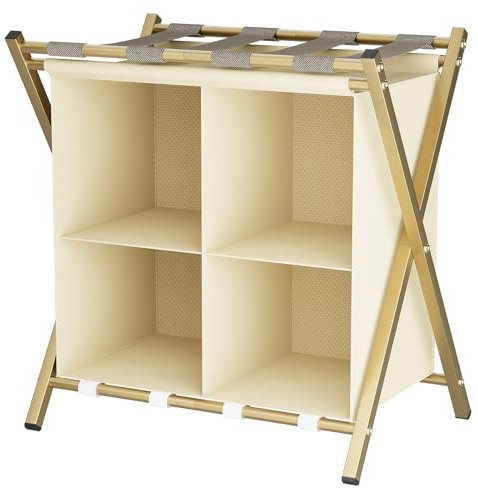 Huhote Luggage Rack with Storage, Metal Folding Suitcase stand Portable Luggage Racks for bedroom, 2 Tier Suitcase Luggage Travel Chest Storage Stand for Home Bedroom, 1 x Golden