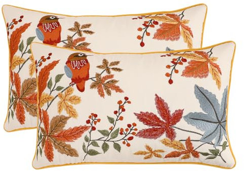 Tosleo Juego de 2 fundas de almohada bordadas de 30.5 x 50.8 cm, diseño vintage de pájaros con hojas de arce, fundas de almohada decorativas, cuadradas, florales, para decoración de fiesta de Acción
