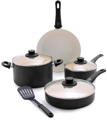 GreenLife Soft Grip 8 Piece Cookware Set, Non-Toxic PFAS-Free Ceramic Nonstick, Frying, Sauce, Sauté, Utensils, Glass Lids, Stay-Cool Handles, Wobble Free, Dishwasher & Oven Safe, Black