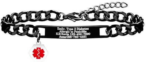 Uloveido Medizinisches ID-Notfallarmband mit Gravur | Schwarz Plattiertes Wasserdichtes Armband | Personalisierte Kubanische Ketten Schmuck | Edelstahl | Medizinische Alarmarmband für Männer Frauen