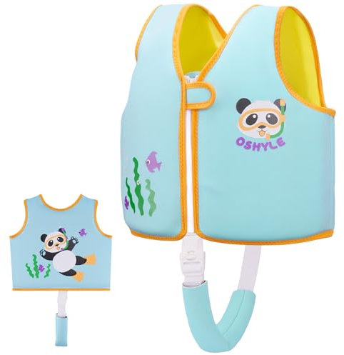 Chaleco de natación OSHYLE para niños pequeños, Chaleco Flotante con Correa de Seguridad, Ayuda a la flotabilidad (BU-Panda, S(1-3))