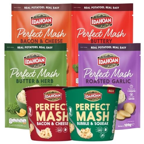 Idahoan Perfect Mash Potato Variety Pack 109g - Instant Mashed Potato Butter & Herb, Buttery, Bacon & Cheese, Roasted Garlic, Mashed Potaoes (Pack of 6, 4 Sachets & 2 Pots)