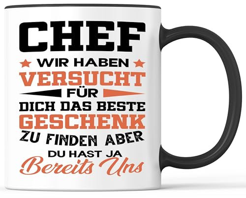 Tasse mit Spruch Bestes Geschenk für den Chef Becher Chefin - lustiges Geschenk - Kaffeebecher als Geschenkidee - Kaffeetasse 330ml - Weiss-Schwarz