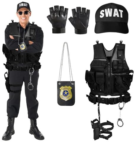 MeYuxg SWAT Kostüm, Polizei Kostüm Swat Weste Herren Frauen, Polizei Weste Security Kostüm mit Taktische Weste, Pistolenholster, Gürtel, Handschellen und Cap für Survival Karneval Halloween