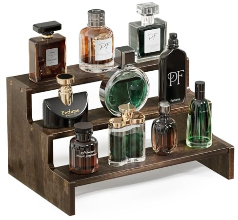 ProCase Organizador de Colonia de Madera para Hombres, Expositor de Perfumes de 3 Niveles, Soporte para Fragancias, Velas, Cosméticos y Figuras, Estante para Perfumes y Accesorios - Marrón