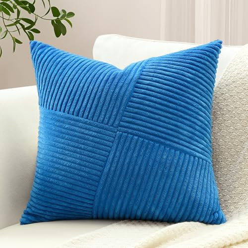 Sungeek 1 Stück Cord Kissenbezug, Windmühle Streifen Muster Kordsamt Kissenbezüge Dekokissen Sofakissen Patchwork Design Deko Zierkissenbezüge Kissenhülle für Wohnzimmer (50x50cm, Blau)