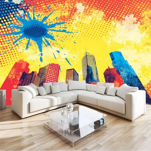 Fototapete 3D Effekt Comic-Stadt Vliestapete Wohnzimmer Schlafzimmer 300x210 cm Vlies Tapete Art Wandtapete UV-Beständig Wanddekoration Tapete