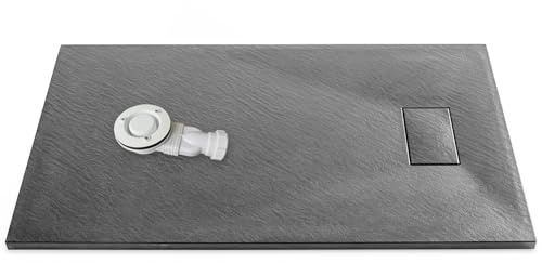 1700x900mm Dark Grey SMC Slate Stone Shower Tray & Dark Grey Drain Cover with Low Profile Waste