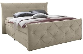 Boxspringbett >Villano< 180x200 cm Bett Creme mit Gel-Topper, 7-Zonen-Taschenfederkern, Bonell-Federkern Box, Bettkasten, funkelnede Details am Kopfteil, hochwertiger Webstoff, zerlegt geliefert