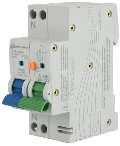 Electraline 87014 Disjoncteur différentiel (RCBO), 16A, type A, courbe C, sensibilité 30 mA, connexion 1P+N