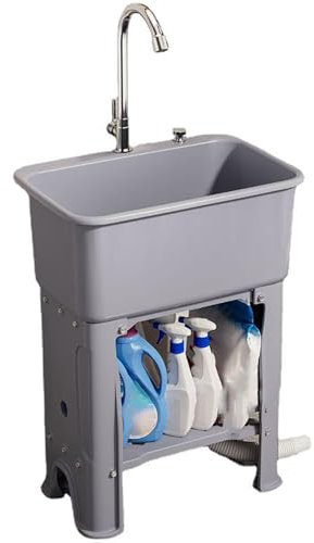 Évier à linge en plastique avec robinet - Lavabo extérieur simple pour garage, restaurant, cuisine, buanderie - Gris - 60 x 40 x 76,5 cm