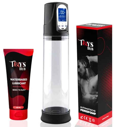 Toys Hub Bomba de Pene Automatica Deluxe para Hombres con Lubricante | Bomba de Vacio Electrica con 2 Anillos - Recargable USB - Pantalla LED - Agrandador