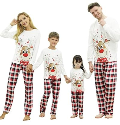Pigiama Natale Famiglia Set, Pigiami Natalizi per Tutta la Famiglia, Pigiama Natalizio Coordinati Manica Lungo, 2 Pezzi Pigiami di Natale lui e lei per Coppia Donna Uomo Bambino Bambina Mamma Papà
