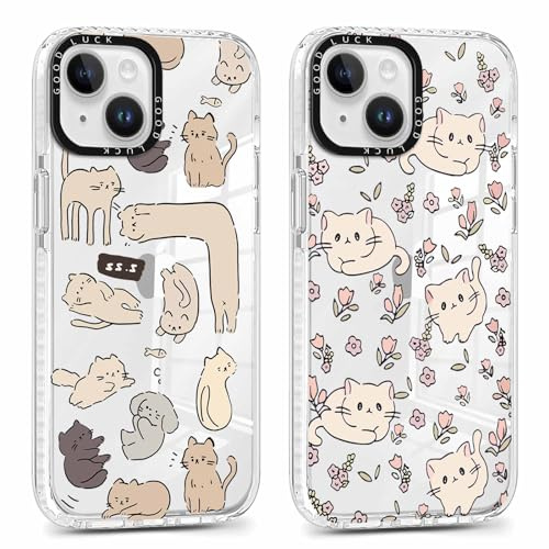 Foonary 2 Pack Cute Cat Print Phone Case for iPhone 15 6.1, Fashion Design Soft Slim Clear Case Shockproof TPU Bumper Protective Cover for Women Girls