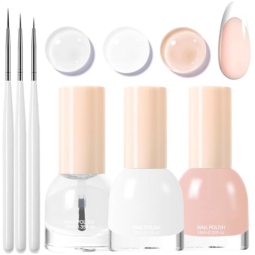 French Manicure Nagellack Set - Schnell trocknend & Langanhaltend Nail Polish mit 3 dünnem Nail Art Pinsel, ungiftiger Nagellack auf Wasserbasis für DIY Nageldesign, Kein UV (Nude)