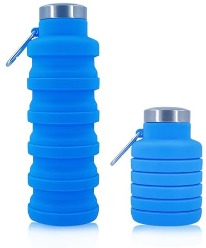 Megcdtr Collapsible Water Bottle, Silicone Water Bottle, Portable Foldable Waterbottle with Carabiner, Leakproof Sports Bottles for Gym Hiking Camping Cycling (Blue/500ml)