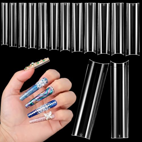 SHENLIU 240Stück Falsche Nägel Tipps, Nageltips Lang für Gelnägel 12Größen | Transparent Quadratisch Nagelspitzen Acryl Künstlich Nagelspitzen Klare Extra Lange Gerade Quadratische für Nagelstudios DIY