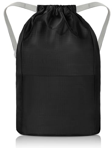 DiULi Sac de Sport avec Cordon de Serrage, Sac à Dos à Cordon de Serrage pour Sport, S-ac à Dos Étanche avec Fermeture Éclair Extérieure pour Les Vacances, Les Voyages, A-Noir