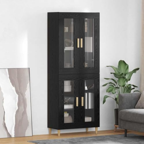 Qnhdfrt Highboard Schwarz Eichenoptik 69,5 x 34 x 180 cm, Sideboard mit 4 Glastüren, Modernes Design, 120 kg Belastbar, Stauraum für Wohnzimmer, Küche und Büro