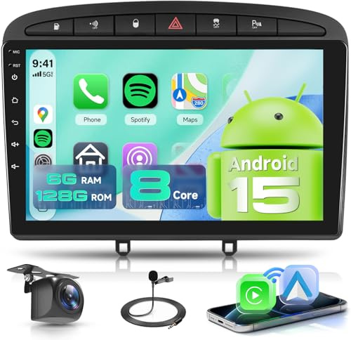 【8 Núcleo 6+128G】para Peugeot 408/308/308sw 2007-2015 Radio Coche con CarPlay Wireless Android Auto, Pantalla IPS de 9 Pulgadas con Radio FM/RDS, GPS, Bluetooth 5.0, Cámara Trasera para Peugeot 408