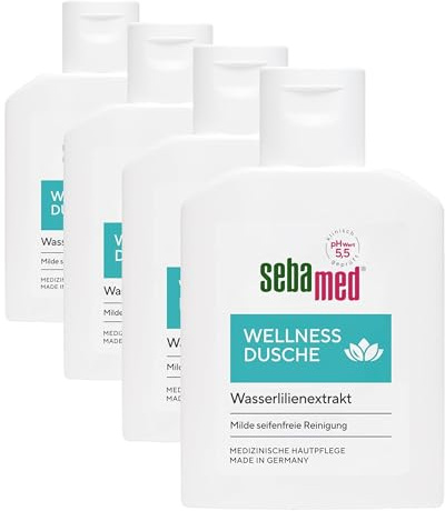 Sebamed Douche bien-être 50 ml dans un format de voyage pratique pour les déplacements, gel douche pour hommes et femmes, avec complexe de soin à base d'extrait de nénuphar et d'allantoïne (Lot de 4)