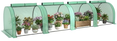 Outsunny Gewächshaus Winterfest aus Stahl 395 x 100 x 80 cm Grün | Foliengewächshaus mit Aufrollbarer Reißverschlusstür, Treibhaus, Tomatenhaus, Tomatengewächshaus für Tomaten, Gemüse