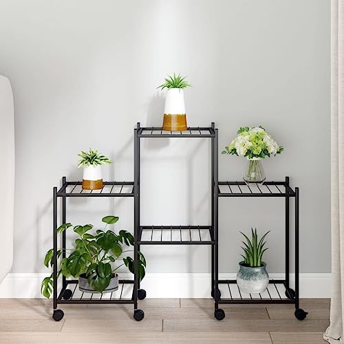Mokuyary Blumenständer mit Rollen 83x25x63,5 cm Schwarz Eisen Pflanzenständer Blumenständer Pflanzenregal Indoor Outdoor fur Terrasse Balkon Garten Gartenarbeit Geschenke