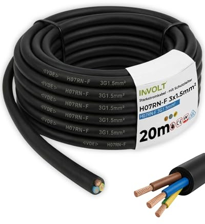 INVOLT 20m H07RN-F 3G1,5mm² CEE Verlängerungskabel, flexibel Gummikabel mit Schutzleiter, Außenbereich Baustellen, VDE zertifiziert