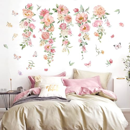 FUFUQUARE Wandtattoo Garten Rosa Blumen Wandaufkleber Floral Pfingstrose Hängende Rebe Blüten Blätter Schmetterling Wandsticker Wanddeko für Schlafzimmer Wohnzimmer