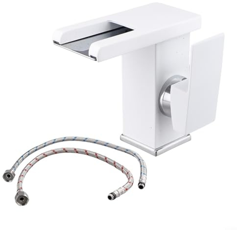 Robinet de lavabo cascade lumineux à LED pour évier, robinet mitigeur en laiton massif avec double levier de contrôle de la température (blanc)