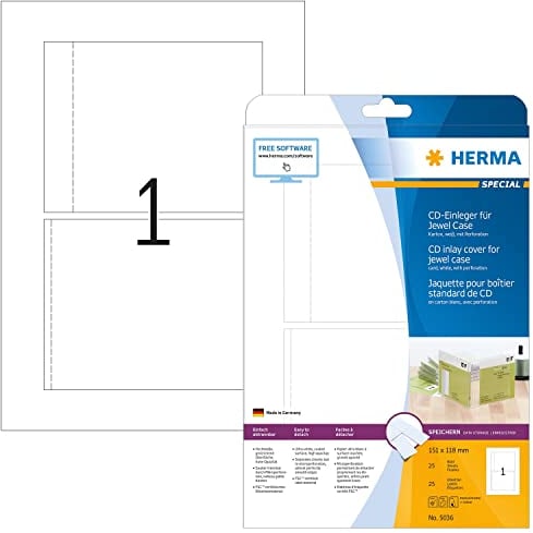 HERMA 5036 CD DVD Einleger für Jewel Case Hüllen perforiert, 25 Blatt, 151 x 118 mm, 1 pro A4 Bogen, 25 Stück, bedruckbar, matt, blanko Papier-Cover Inlays, weiß