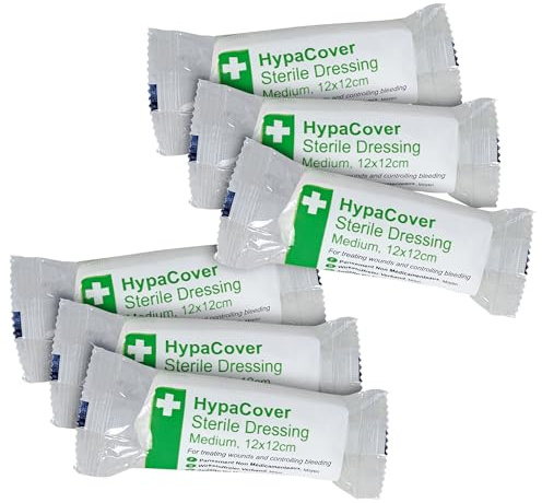 Safety First Aid HypaCover Pack of 6 Dressing Bandages, 12cm x 12cm | HSE Medium Sterile First Aid Dressings, Umedicated Pads with Bandages
