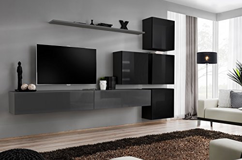 All4All Wohnwand SW 9 - Wohnzimmermöbel - Schrankwand für Wohnzimmer - Wohnzimmerschrank - Anbauwand - Wohnwand Hängend - Modern - Grau+Schwarz 21