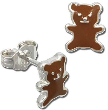 Teenie-Weenie Ohrstecker für Kinder 925 Silber braun Teddy Ohrringe D3SDO610N Silber, Emaille Ohrschmuck für Kinder