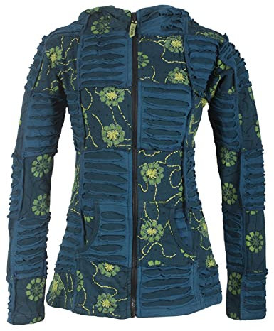Vishes - Alternative Bekleidung - Bestickte Damen Blumen Patchworkjacke Hoodie Baumwolle Zipfelkapuze türkis 50