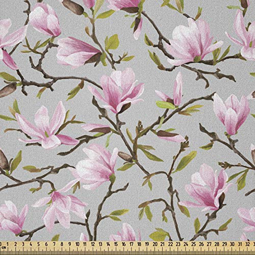 ABAKUHAUS Magnolie Stoff als Meterware, Aquarell Magnolias, Microfaser Stoff für Dekoratives Basteln, 1M (148x100cm), Hellrosa Braun Grau