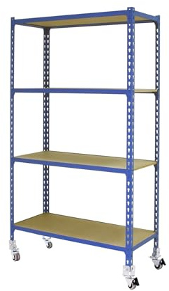 Simon Rack Metallregal mit Rollen 1575x900x500 mm - Maderclick | 4 Höhen, Holzablage, Biegepunkt 75 kg, Korrosionsschutzlackierung, Klicksystem-Montage, Blau