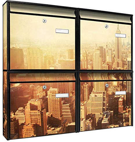 Briefkastenanlage 4 Fach | Postkästen 72x64x10cm groß | verzinkter Stahl Silber DIN A4 Motiv Manhattan 2 | Briefkasten Set 4 Briefkästen Namensschild, 2 Schlüssel, Montagematerial