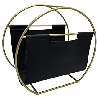 Becki Owens Porte-revues – Cuir noir et métal doré – Organiseur de dossiers pour bureau – Rangement au sol pour salon, bureau, salle de bain, bureau de médecin – Cercle
