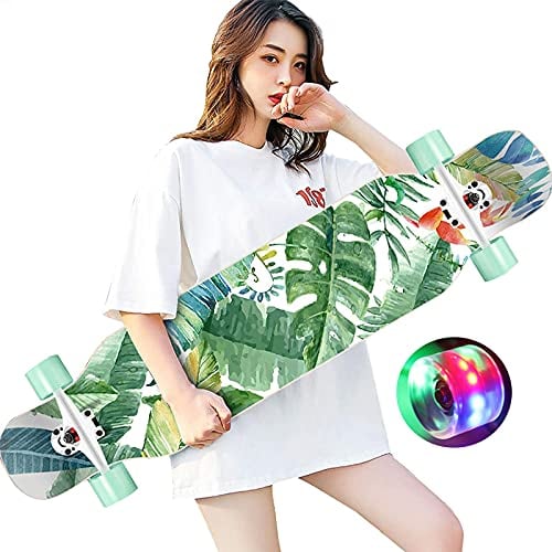 Longboard Skateboard 47inch Skateboard mit PU Blinkenden Rädern, 9 Schichten Ahornholz Dance Deck Board Longboards für Anfänger Erwachsene Teenager Mädchen Jungen Kinder (Grünes Blatt)