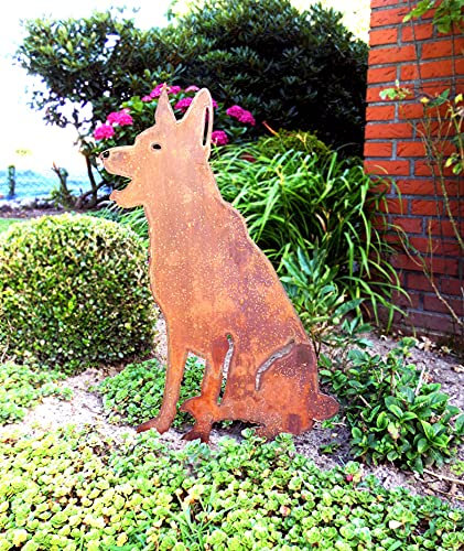 Irony Industrial Design Schäferhund Edelrost Gartenstecker stehend sitzend (Sitzend)