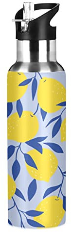 Mnsruu Fruta Limonero Hoja Botella de Agua Deportes con Pajita, Botellas Termica Acero Inoxidable 600ML Sin BPA para Niños Deportiva Gimnasio Ciclismo Escuela