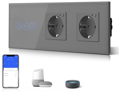 BSEED WiFi Smart Alexa Dimmer Lichtschalter mit Doppelt Steckdose, Kompatibel mit Google Home Tuya, Glas Touchscreen-schalter Wlan Lichtschalter (Neutrale Leitung Benötigt) 1 Fach mit Steckdose Grau
