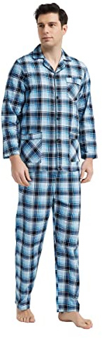 GLOBAL Men's Traditional Cotton Flannel Pyjama Set,Blue Plaids 4,XXL