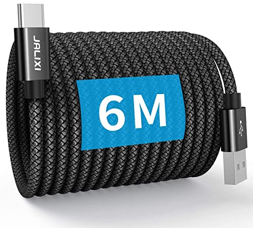 JALIXI USB C Kabel 6M, Extra Lang PS5 Controller Ladekabel, 15W Nylon Typ C Kabel für Samsung Galaxy Tab A8 A7, S24 S23 A55, PS5 Controller, Xbox Series X/S, Überwachung, Schwarz