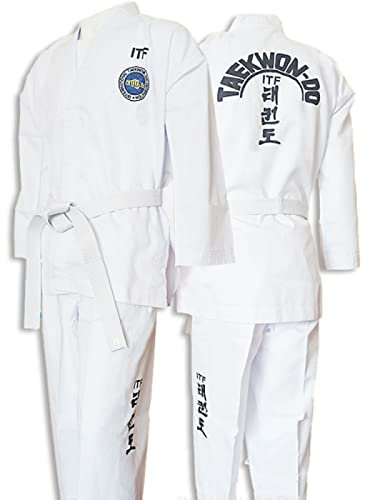 ITF Taekwondo Uniform Kinder Erwachsene Gestreifter Stoff Karate Gi Judo Anzug für Wettkampf und Training,White-170
